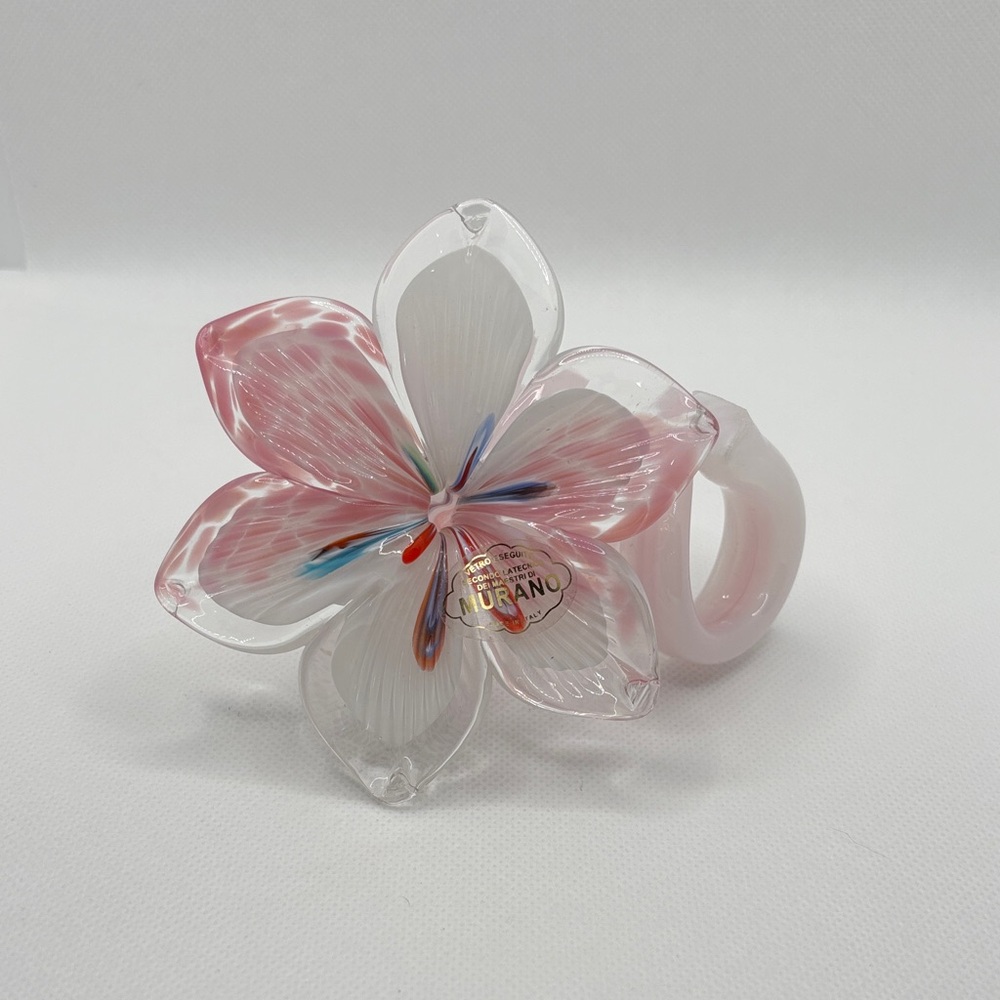 Murano Italy Art Pink and White Floral Flower Glass Ring Handmade Home Decor